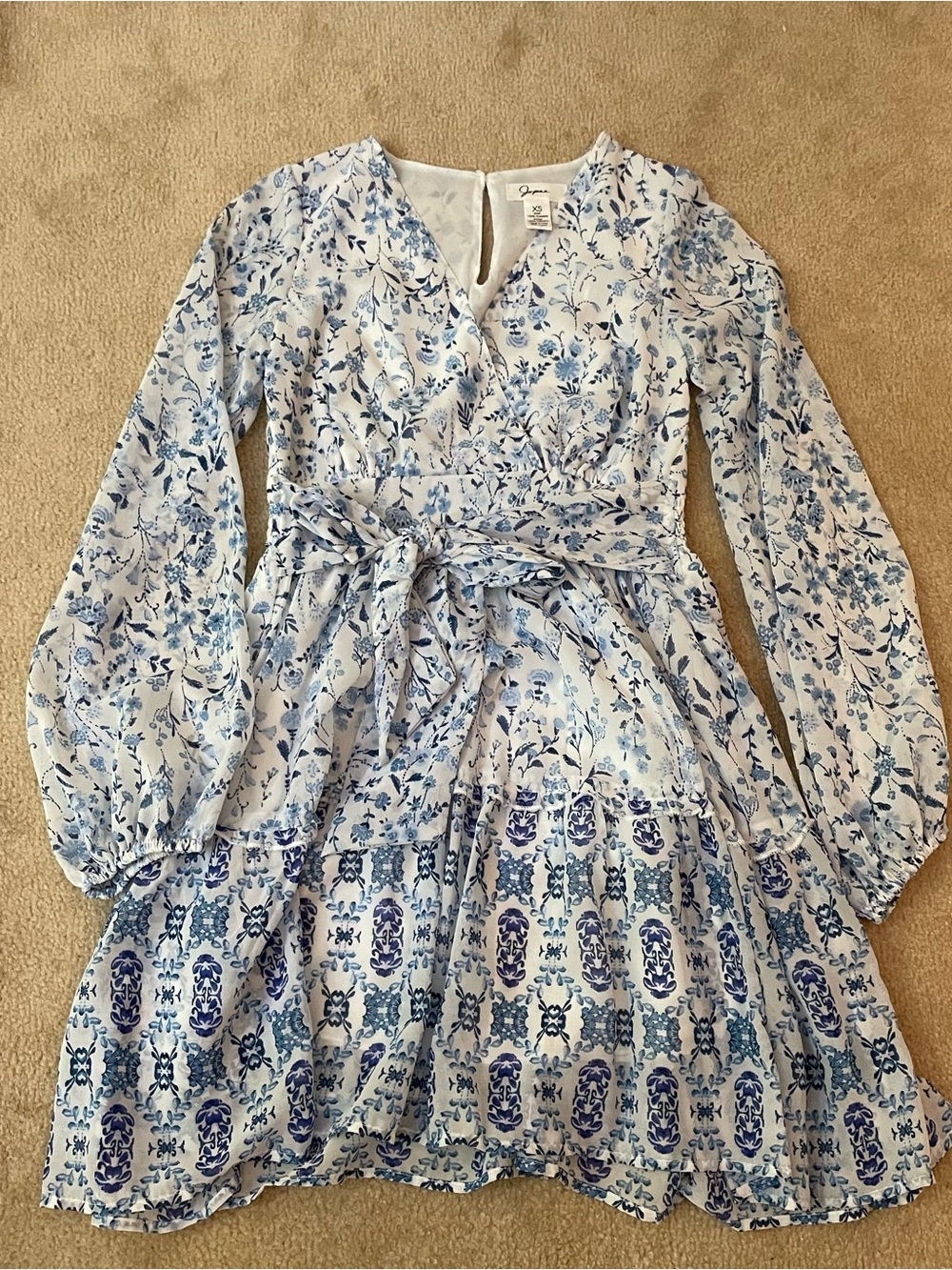 Japna Blue Floral Tie-Waist Long Sleeve Dress